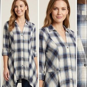 Vintage America Blues Plaid button down Sharkbite Hem Tunic Shirt M